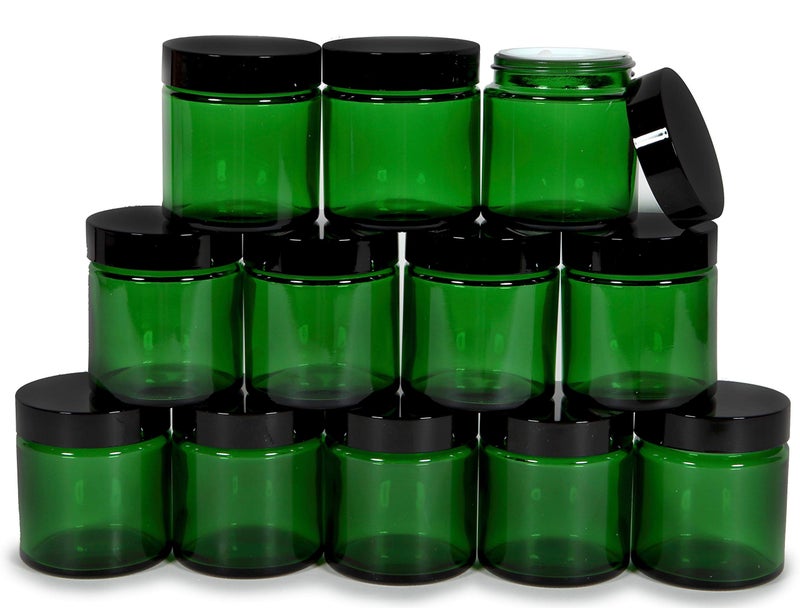 Vivaplex, 12, Green, 4 oz, Round Glass Jars, with Inner Liners and black Lids - Image 1